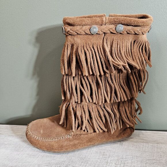 Minnetonka Womens 3 Brown Rust Suede Leather Fringe 3 Layer Tall Boots Moccasin - Picture 4 of 12